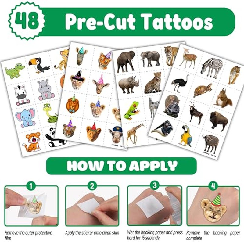 72PCS Jungle Party Set - 48PCS Temporary Tattoos & 24PCS Slap Bracelets Safari Themed Birthday Supplies, Baby Shower Gifts, Classroom Rewards & Party Decor for Kids (Boys & Girls)