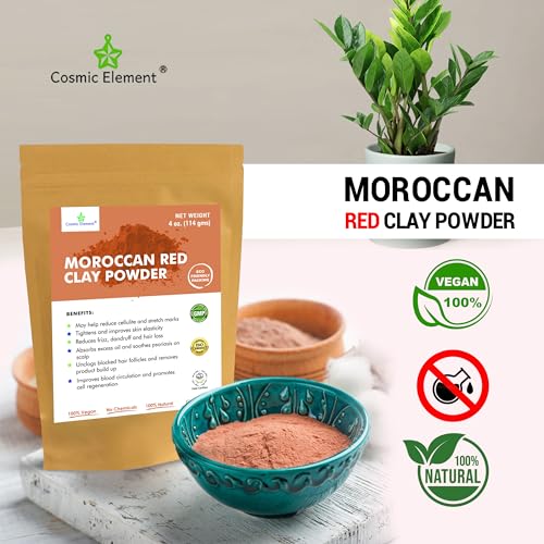 Cosmic Element Moroccan Red Clay Powder - Red Clay Powder for Skin | Suitable for Face, Body Wraps & Hair Care | Clay Mask for Face | Red Clay Masks, Wraps, Scrubs, Soaps, Bath Bombs & Detox ? 4 oz