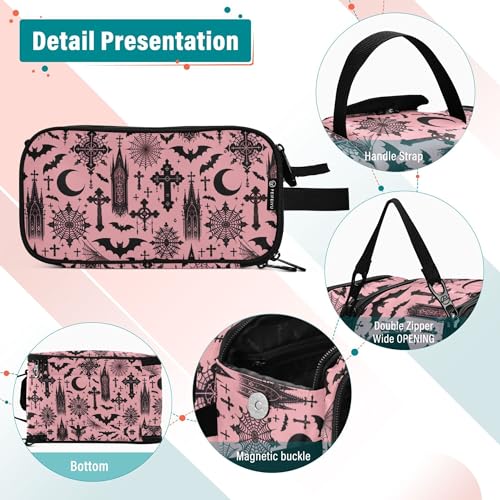 Mnsruu Bats Gothic Moon Spider Web Makeup Bag with Compartments - Travel Toiletry Organizer, Large Capacity