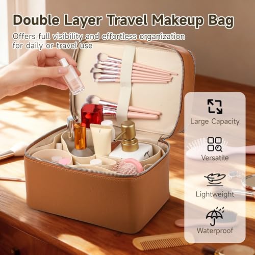 OMISTAR Brown Large Capacity Makeup Vanity Bag with Removable Liner Waterproof PU Leather