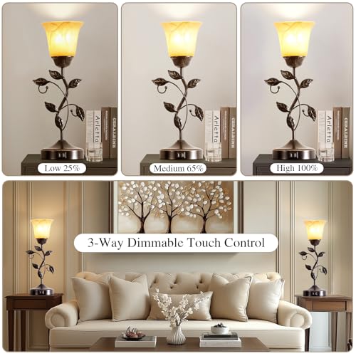 2 Pack Touch Vintage Bedroom Leaf Table Lamps with USB Ports - Bronze, Dimmable