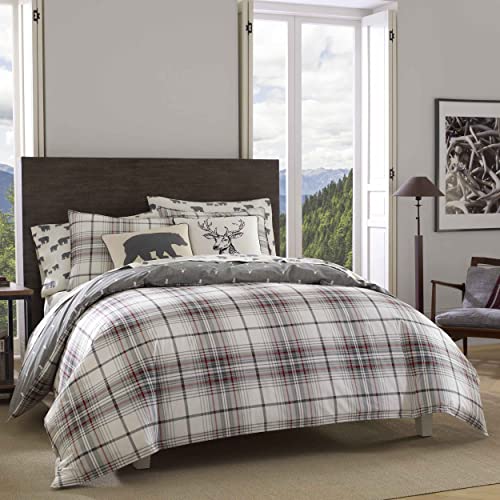 Queen Size Duvet Cover Set with Shams - Grey Red Plaid Reversible Cotton
