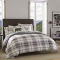 Queen Size Duvet Cover Set with Shams - Grey Red Plaid Reversible Cotton