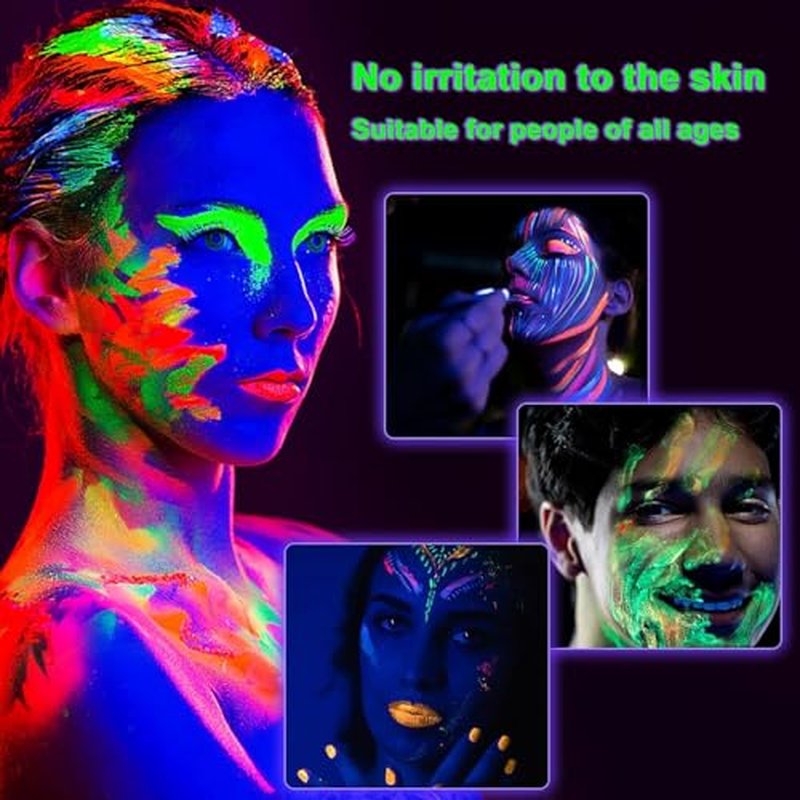 Glow in The Dark Face Body Paint, Glow In The Dark Under UV Black Light Sticks Makeup Neon Face Painting Kits for Adult Halloween Festival Accessory Glow Party Supplies (24)