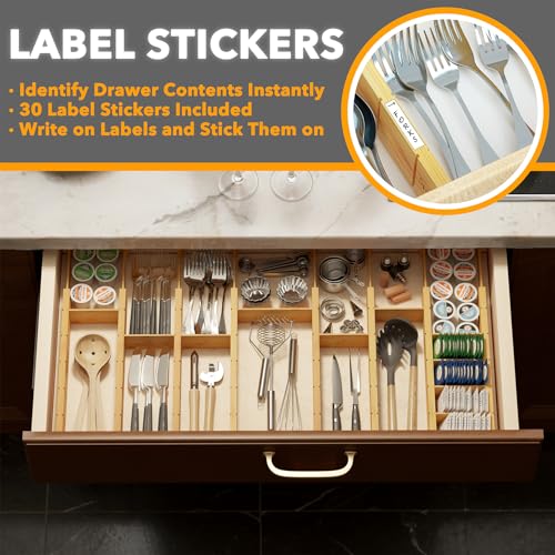 SpaceAid Bamboo Drawer Dividers with Labels, Expandable 17-22 Inch Natural Organizer, 10 Pieces with Inserts (Variation: 2.35''H, 17-22''L, 10 Dividers)