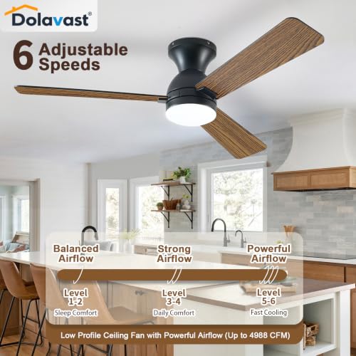48-Inch Black Reversible Ceiling Fan with Lights & Remote Control - Low Profile Flush Mount, Dimmable LED, Quiet Operation