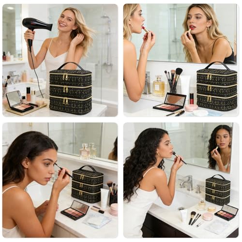 Travel Makeup Bag for Women Three Layer Large Cosmetic Case Water-resistant Toiletry Bag Organizer for Store Toiletries Cosmetic Accessories and Manicure Sets Gold Black
