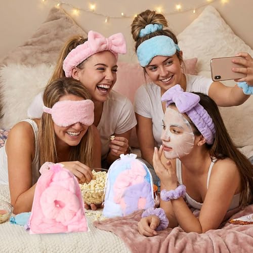 Spa Party Favor Set with Headbands Eye Masks Scrunchies & Bags - Pink, Blue, Purple