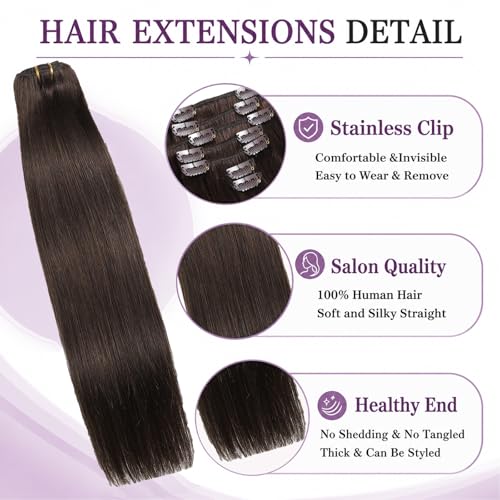 Clip in Hair Extensions Real Human Hair Medium Brown 16 Inch - #4 Variation