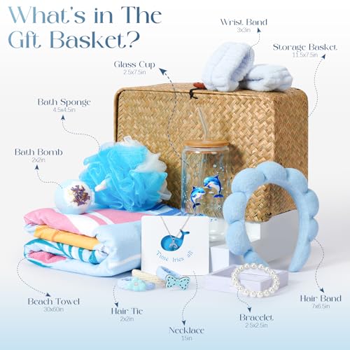 Golray Birthday Gifts for Women, Self Care Spa Gift Set for Women with Beach Towel, Glass Cup, Bath Bombs & Hair Accessories, Christmas Blue Gift Basket for Her, Girlfriend, Sister, Mom, Friends