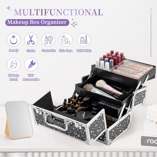 Leeora&Leekoo Makeup Train Case Cosmetic Box Portable Makeup Case Organizer 2 Trays Makeup Storage with Mirror for Cosmetologist Aesthetic Supplies Nail Tech Traveling Makeup Box (Flashing Star)