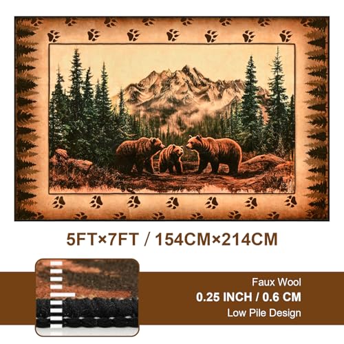 Rustic Cabin Bear Rug 5x7 - Washable Non-Slip Farmhouse Area Rug