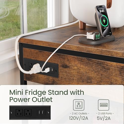 Mini Fridge Stand with Drawer & Power Outlet - Rustic Brown & Black