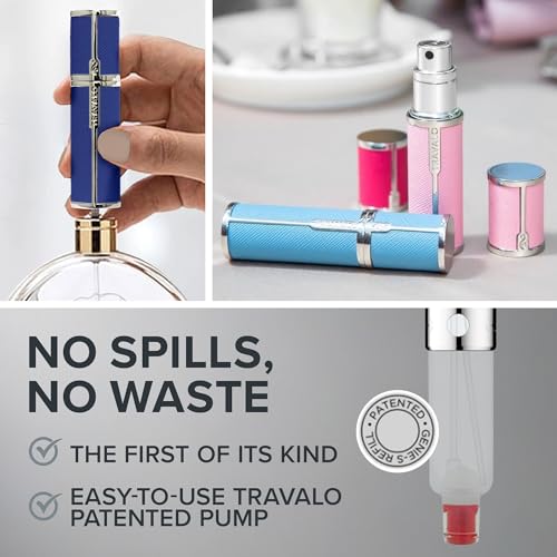 Travalo Milano Perfume Atomizer - Leak-Proof and TSA Approved for Air Travel - Reusable, Airtight, Easy Fill Mini Pump Sprayer - Lightweight, Vegan Leather with Polished Metal Outer Shell - Blue