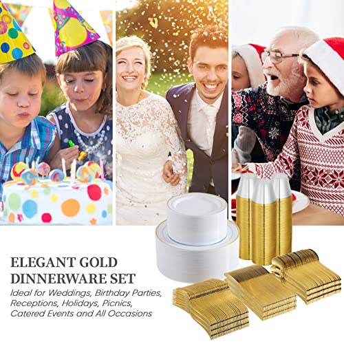 Disposable Dinnerware Set for 100 Guests - Gold Plastic Plates Cups Cutlery - Gold Dinnerware Set