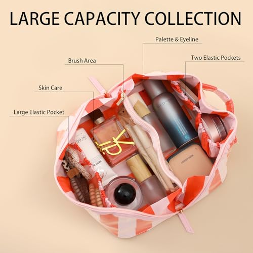 Travel Makeup Bag Pink-Orange Striped Waterproof Cosmetic Organizer
