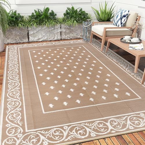 Pauwer 10x14 Waterproof Reversible Outdoor Rug Beige Patio Carpet