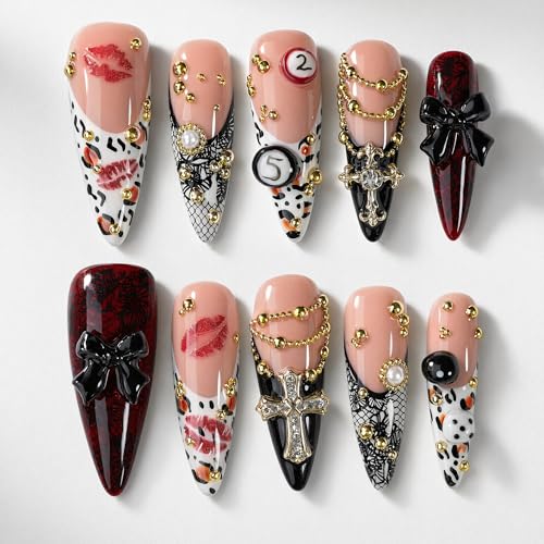 Luxury Leopard Long Stiletto Press On Nails with Rhinestones & Cross Charm - Gothic Style, Reusable 10pcs - Appife