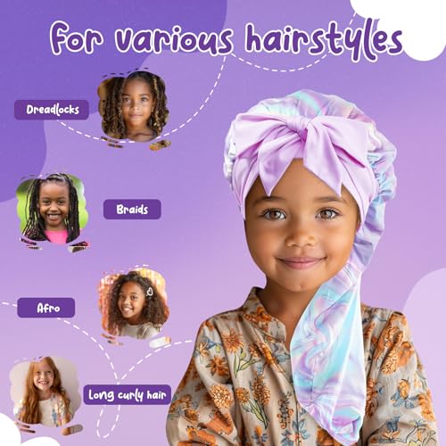 Lolalet Kids Bonnets for Girls, Long Silk Bonnet for Sleeping Kids Satin Bonnet Cap with Tie Band for Dreadlocks Braid Afro Curly Hair -1 PC, Laser