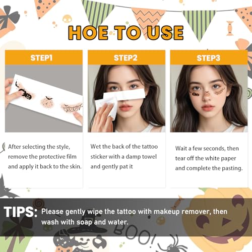 Halloween Face Temporary Tattoos, 14PCS Pumpkin Spider Bat Witch Freckles Tattoo Stickers, Halloween Face Makeup Tattoos for Kids and Women (6x3inch)