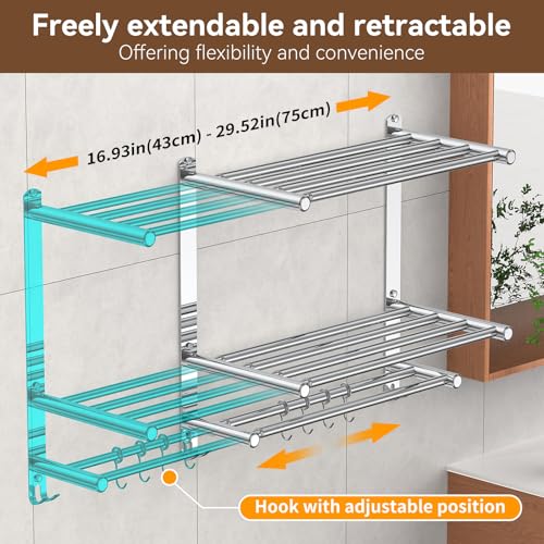 Silver 2-Tier Expandable Bathroom Towel Rack with Shelf and Hooks