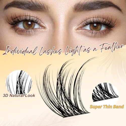 QUEWEL DIY Lash Extension Kit, Wispy Lash Clusters Kit D Curl 10-16mm Lash Clusters Natural Look Super Thin Band Cluster Lashes Kit 120 PCS with Lash Bond and Seal and Lash Tweezers(Feather 01 Kit)