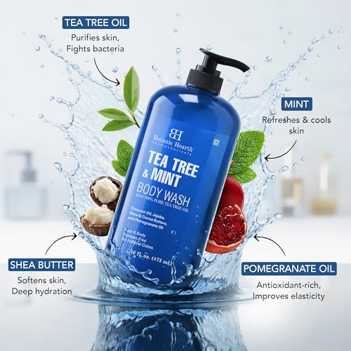 Botanic Hearth Tea Tree & Mint Body Wash with Silicone Body Brush - 16 fl oz, Refreshing Shower Set