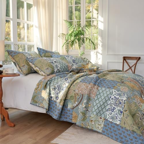 King Size Cotton Comforter Set - Sage Patchwork Reversible Bedding with 2 Pillow Shams, 96x108 Inches