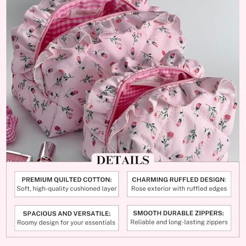 Quilted Pink Rose Makeup Bag Set of 2, Ruffled Cotton Cute Floral Pouches, Large & Small Coquette Pouch for Purse, Travel Cosmetic Organizer Bags, Aesthetic Toiletry Bag, Girly Gifts Women Teen Girls