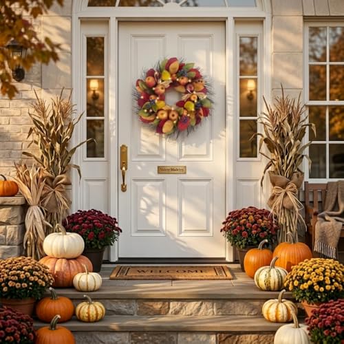 24-Inch Collapsible Pre-Lit Fall Wreath with Apples Berries & Lights
