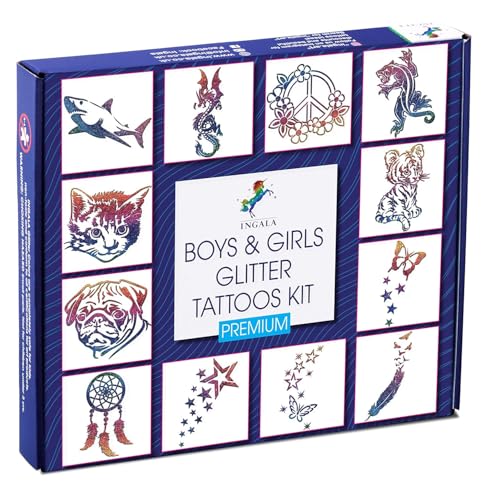 Blue Glitter Temporary Tattoo Kit for Kids & Teens with 74 Stencils & Body Glue