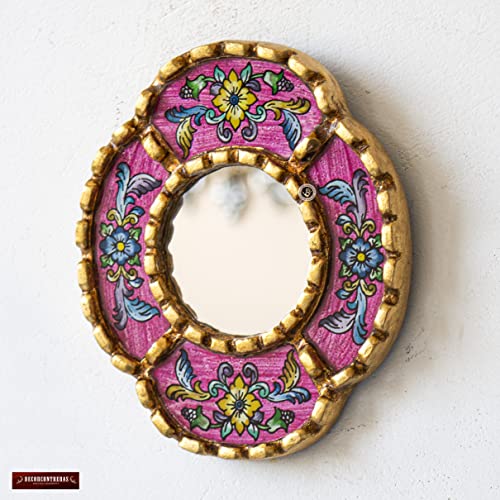 Peruvian Mirror Wall - Handmade Reverse Painted Glass Art - Elegant Miniature Oval Mirror for Gallery Wall - Unique 6" x 5.1" (Pink)