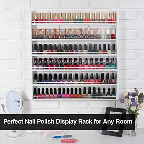 J JACKCUBE DESIGN White Wood Nail Polish Organizer with 6 Tier Shelves 100 Bottles Wall Mount Display Rack Makeup Essential Oil Bottles Holder Storage for Nail Salon Bedroom Dress Room - MK528C