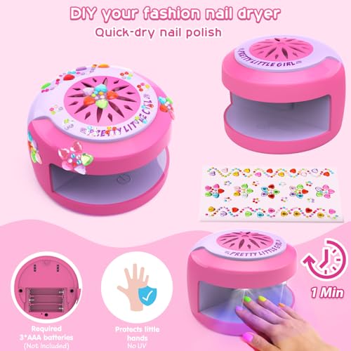 BATTOP Kids Nail Polish Set for Girls - Kids Nail Art Kit with Dryer & Fake Nail & Sticker & Water Based Nail Polish & Nail Art Pen - Idea Gifts for Girls Ages 6 7 8 9 10 11 12