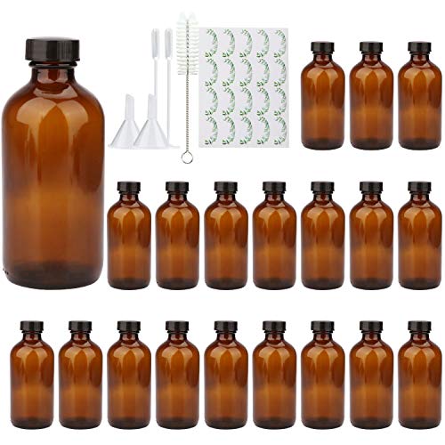 8oz Durable Glass Bottle, Reusable Glass Bottles with Airtight Lid for Shampoo, Conditioner, Essential Oils, Set of 20 (Brown)