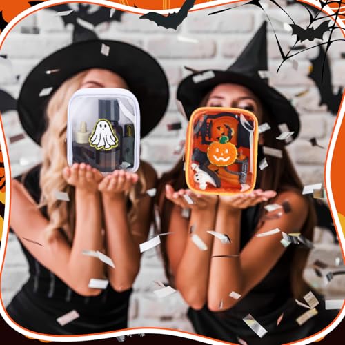 Sunnymove Organer Halloween Makeup Bag with Pumpkin Ghost Bat Chenille Patches, 9 Pack, Cute & Transparent