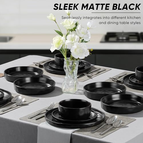 E-far Matte Black 16-Piece Stoneware Dinnerware Set for 4 - Ripple Design