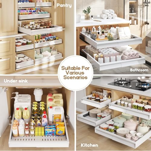 Pull Out Cabinet Organizer 2 Pack - Adjustable 13-21 W x 17-24 D, 3 Rail Slide Out Drawers, White