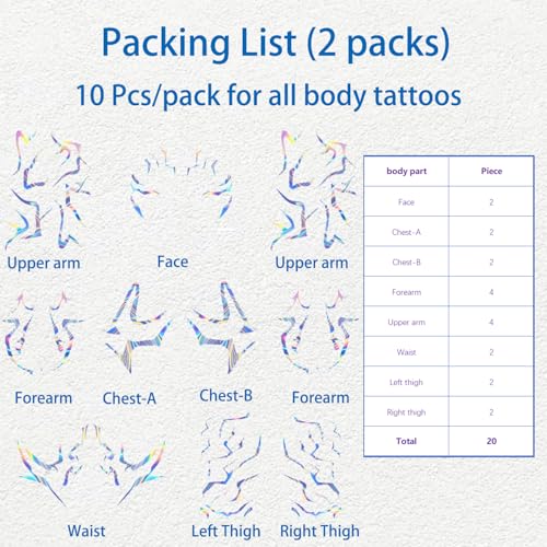 Rumi Tattoos Body Set?10 Purple Pieces per Pack (1 Face, 2 Chest, 2 Upper Arm, 2 Forearm, 1 Waist, 2 Thighs Symmetrical), Temporary Body Tattoos, Waterproof & Skin-Safe (Holographic, 2 Pack)