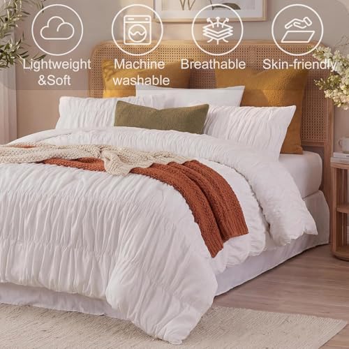 Queen Size Cotton Ruffled Comforter Set with Pleated Texture - White