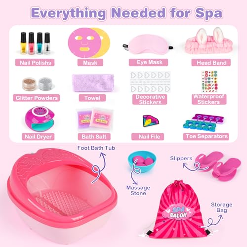 Kids Foot Spa & Nail Kit Set - Medium Size Spa Day Gift for Girls - 25 pcs