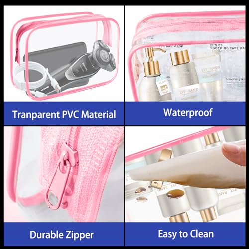 YedsIntu 16-Piece Clear Makeup Bags, Waterproof Toiletry Bags - Pink M (Rose) - TSA Carry-On