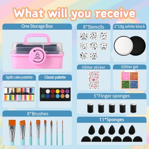 Professional Face Painting kit for kids, Depvision 68 Colors Split Cake Face Paint Kit, Non-Toxic Washable Safe Water Based Body Paint kit with Brushes Stencils Sponge Gems Glitter for Halloween gift