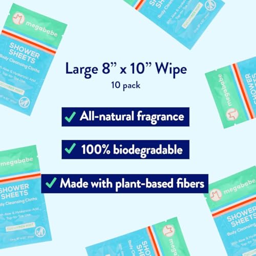 Megababe Cucumber Mint Shower Sheets - 10 Individually Wrapped Body Cleansing Cloths (Pack of 2)