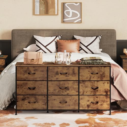 Rustic Brown 55 Inch TV Dresser with 9 Detachable Fabric Drawers and Wood Top - Ample Storage