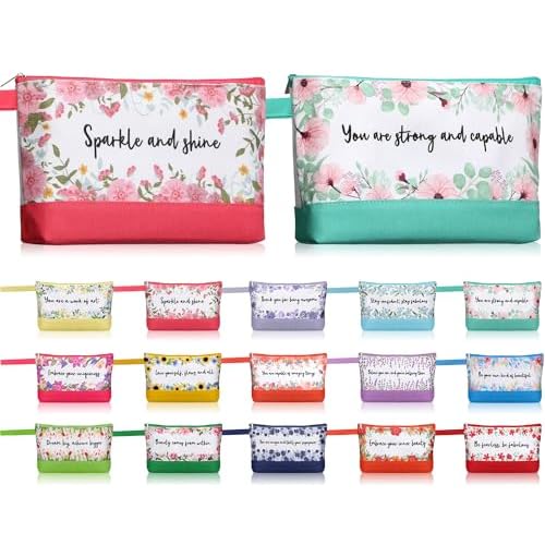 Silkfly 15 Pcs Flower Canvas Makeup Bags Bulk 10.2 x 5.5 x 2 Inches Inspirational Canvas Cosmetic Bag Spring Travel Toiletry Pouch with Zipper Inspirational Gifts for Women