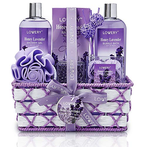 Bath and Body Gift Basket For Women and Men, Honey Lavender Home Spa Set with Essential Oil Diffuser, Soap Flowers, Bath Salts, Bubble Bath & More - 13 Piece Set, Presents for Mom