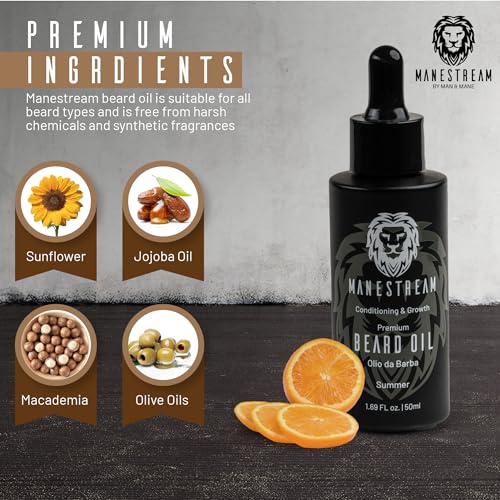 MAN & MANE Manestream Beard Oil for Men, Beard Growth Oil, Hair Growth Oil with Jojoba, Macadamia, Sunflower, Olive Oils - 50ml (Summer (Orange))