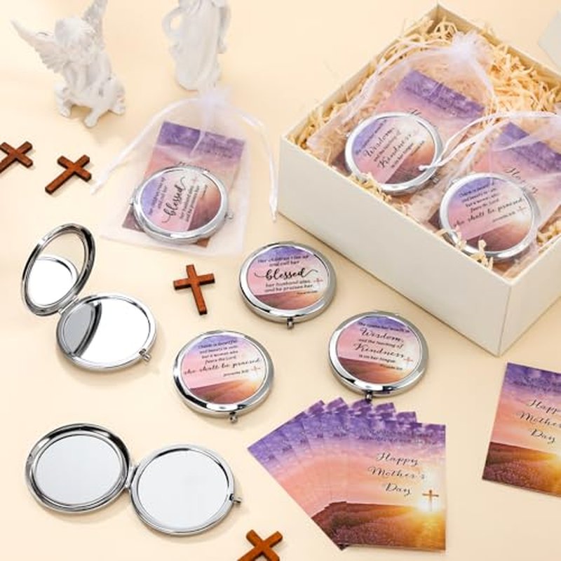 24 Sets Mother's Day Church Gifts Bulk Christian Compact Makeup Mirror Bible Verse Round Pocket Mirror with Gift Cards Organza Bags for Women (3 Style)