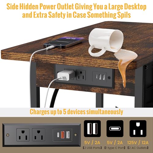 Rustic Brown Small Side Table with Charging Station & Storage Pocket
